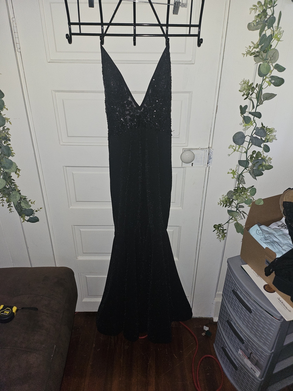 Black Sequin V-Neck Maxi Dress with Spaghetti Straps